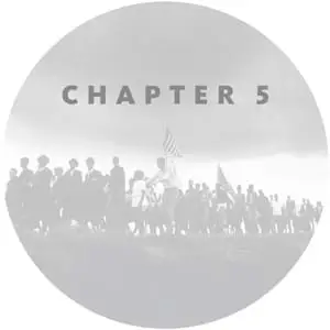 An grey and white historical photo of a crowd marching on a hill with a cloudy sky above them with the words Chapter 5 overlaid on top of it.
