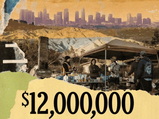 A collage of a city landscape and people working a food station against a yellow and orange textured background with the number $12,000,000 prominently displayed.