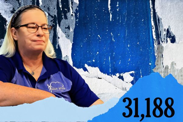A woman with glasses and a headband, wearing a blue shirt with a cloud logo, sits in front of a textured blue and white background. The number 31,188 appears in bold black text on a blue torn paper design.
