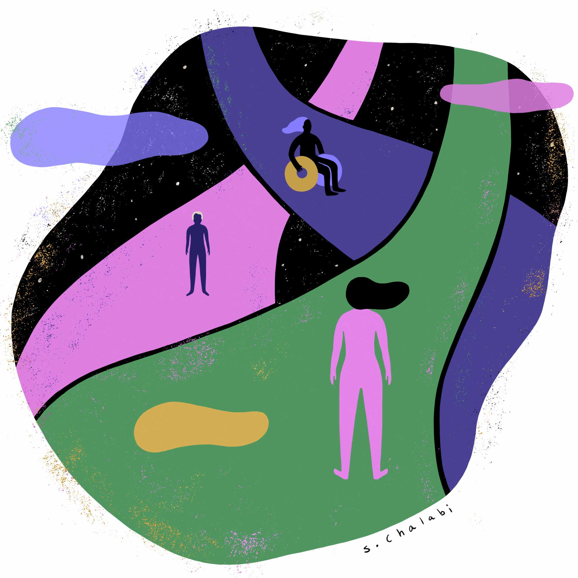 Three figures on three winding and intersecting pathways in space. In the foreground, a pink figure stands with hair blowing. In the background, a dark purple figure stands and a black figure moves in a wheelchair.