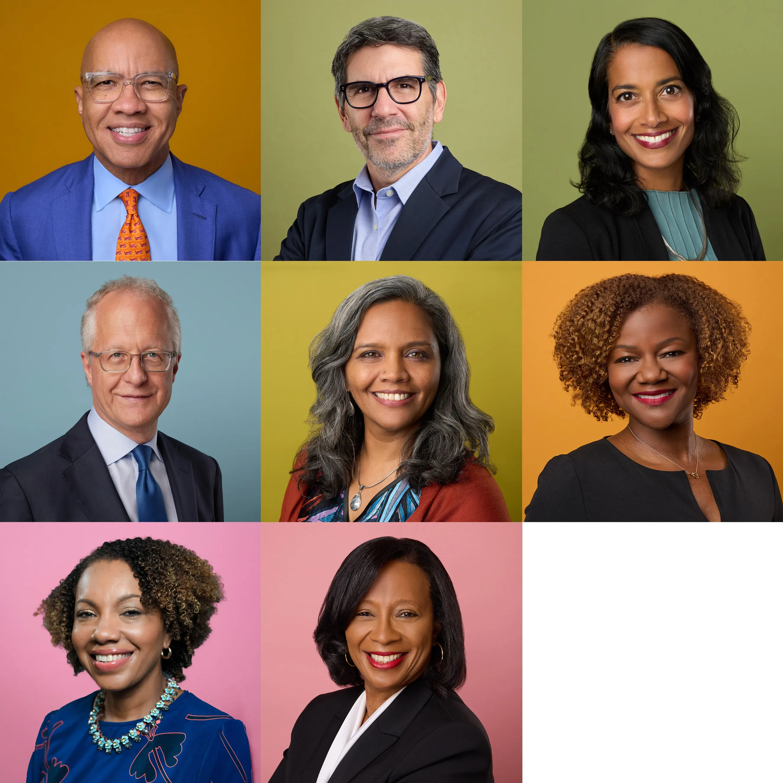 A collage of 8 professionally dressed individuals against various vibrant backgrounds.