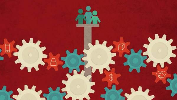 A graphic of multi-colored gears and three people on a rising pedestal.