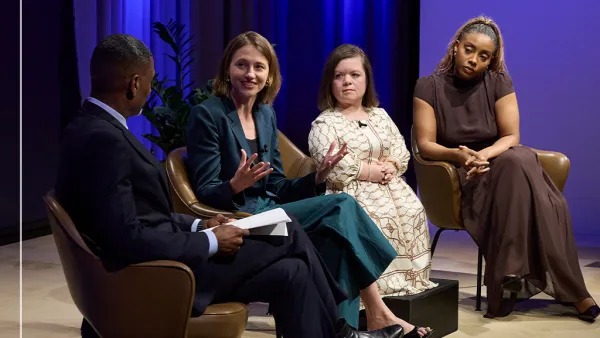 Four people sit on stage in discussion at an event labeled Ideas At Ford. One man, Charles Blow, holds notes while three women, Sara Ziff, Sinéad Burke, and Lindsay Peoples, dressed in formal attire, listen and engage, with one woman gesturing as she speaks.