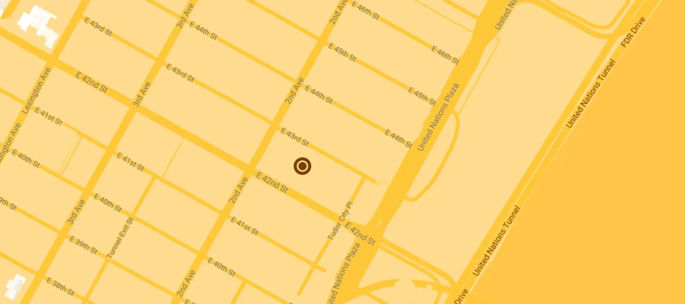 Map showing the location of the Ford Foundation Center for Social Justice at the intersection of East 43rd Street and 2nd Ave in New York City.