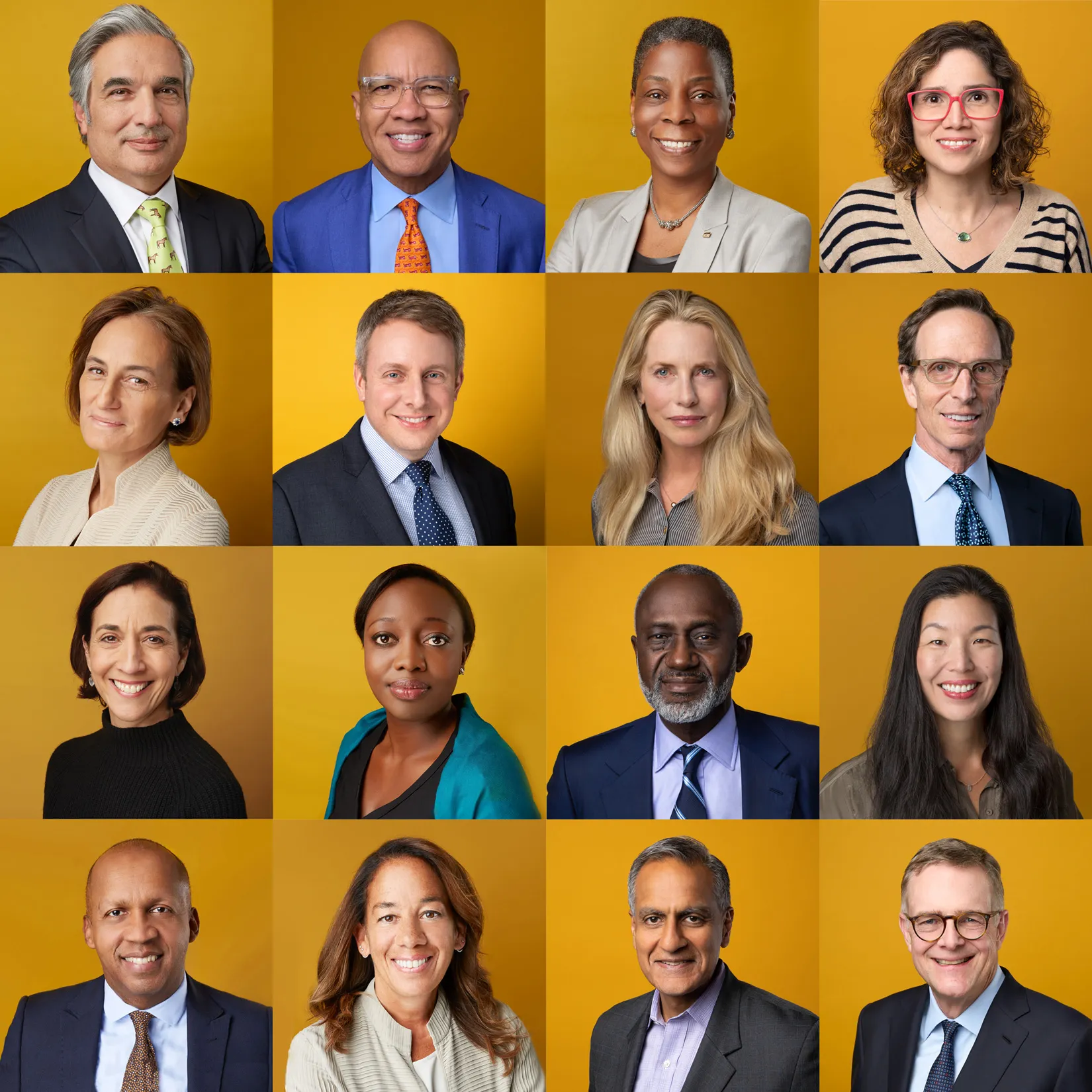 A grid of 16 professionally dressed people, diverse in gender, age, and ethnicity, smiling in front of a solid yellow background.