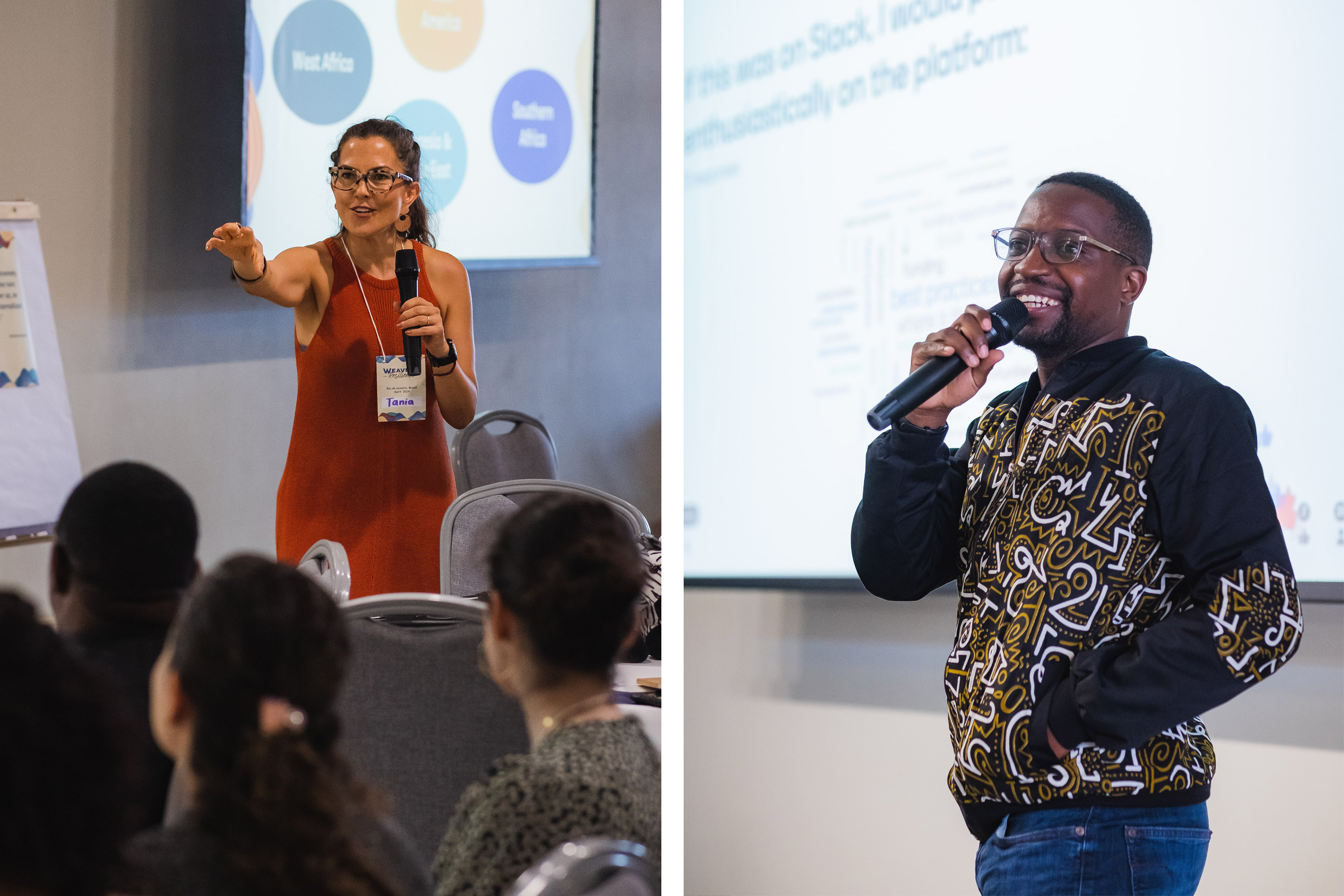 Right image: A woman in an orange dress speaks into a microphone and gestures toward an audience during a presentation. Several people are seated and listening, with a projected map and a flip chart visible in the background. Left image: A man wearing glasses and a patterned jacket speaks into a microphone while standing in front of a blurred presentation screen.