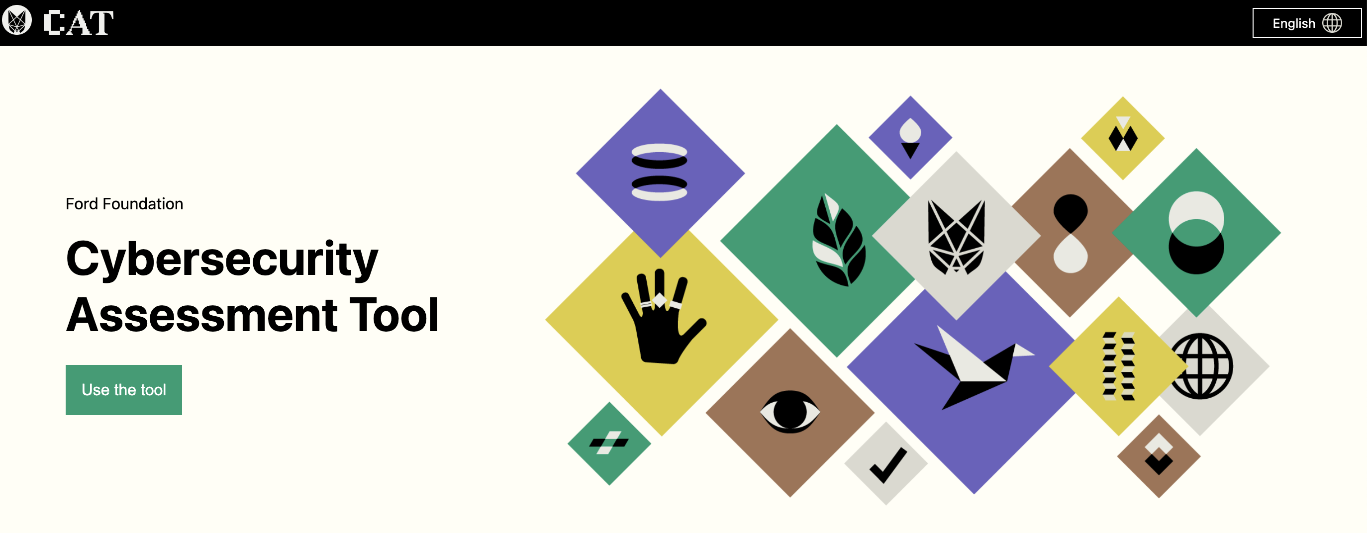 A screen shows the Cybersecurity Assessment Tool by Ford Foundation. On the right, colorful geometric shapes and abstract symbols are displayed. A button labeled "Use the tool" is also visible.